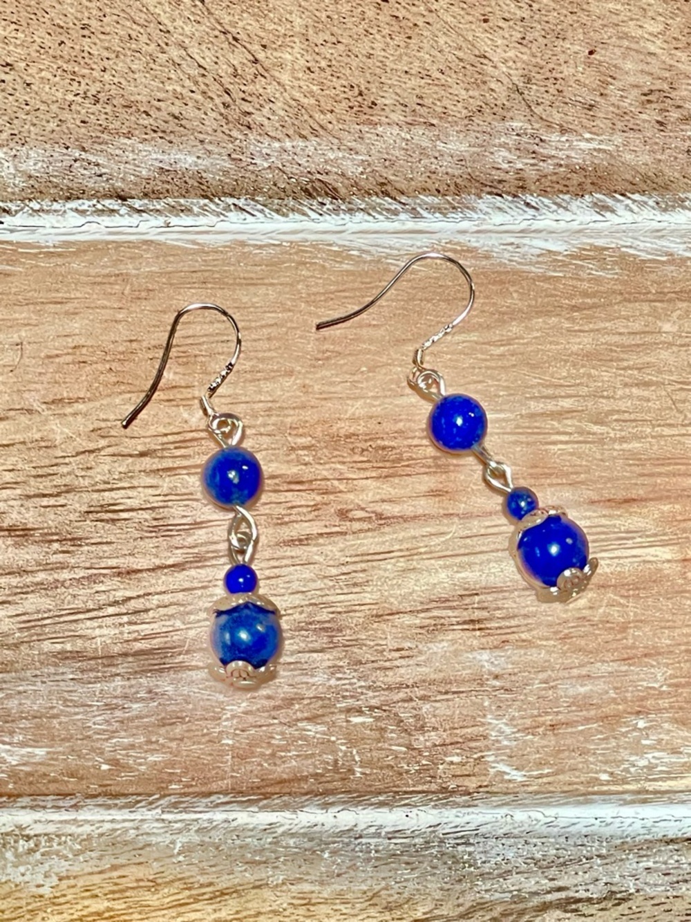 Lapis-Color Blue Bead Dangle Earrings with Silver Hooks